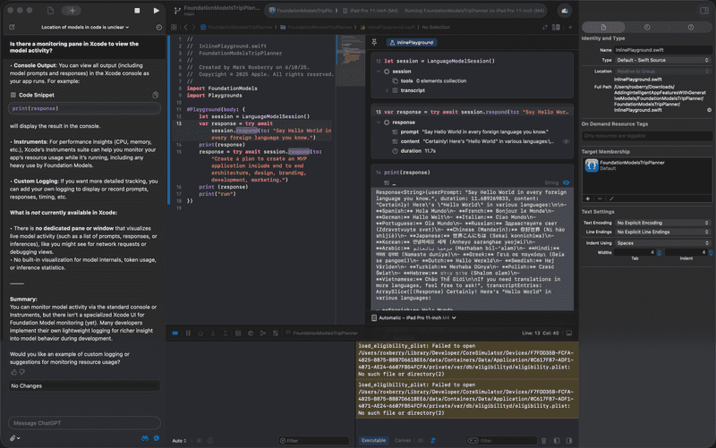 Screenshot of Foundation Models in Xcode Playground